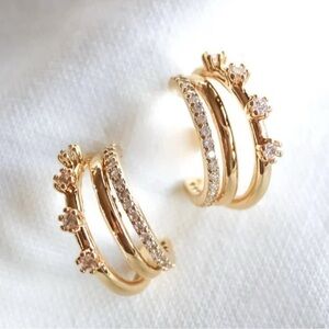 🆕Hallie gold plated finish triple curved earrings w/crystals, post backing.